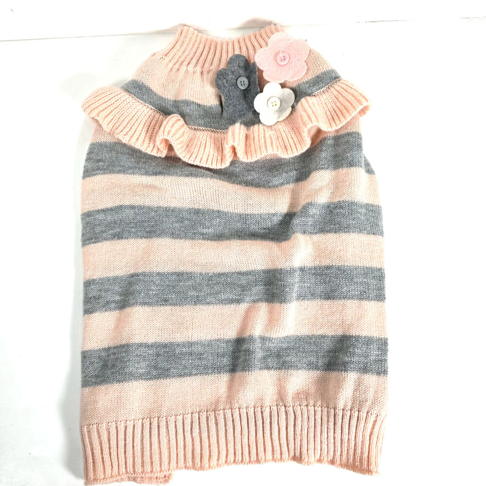 Large Dog Knit Sweater Pink & Grey Strips Cowl Neckline Fabric Flowers Feminine